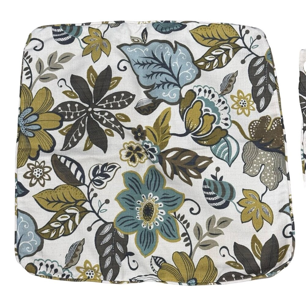 Set Of 2 Floral Square Cotton Chair Pads Cushion Cover Green & Blue Paisley 19" - Picture 2 of 5